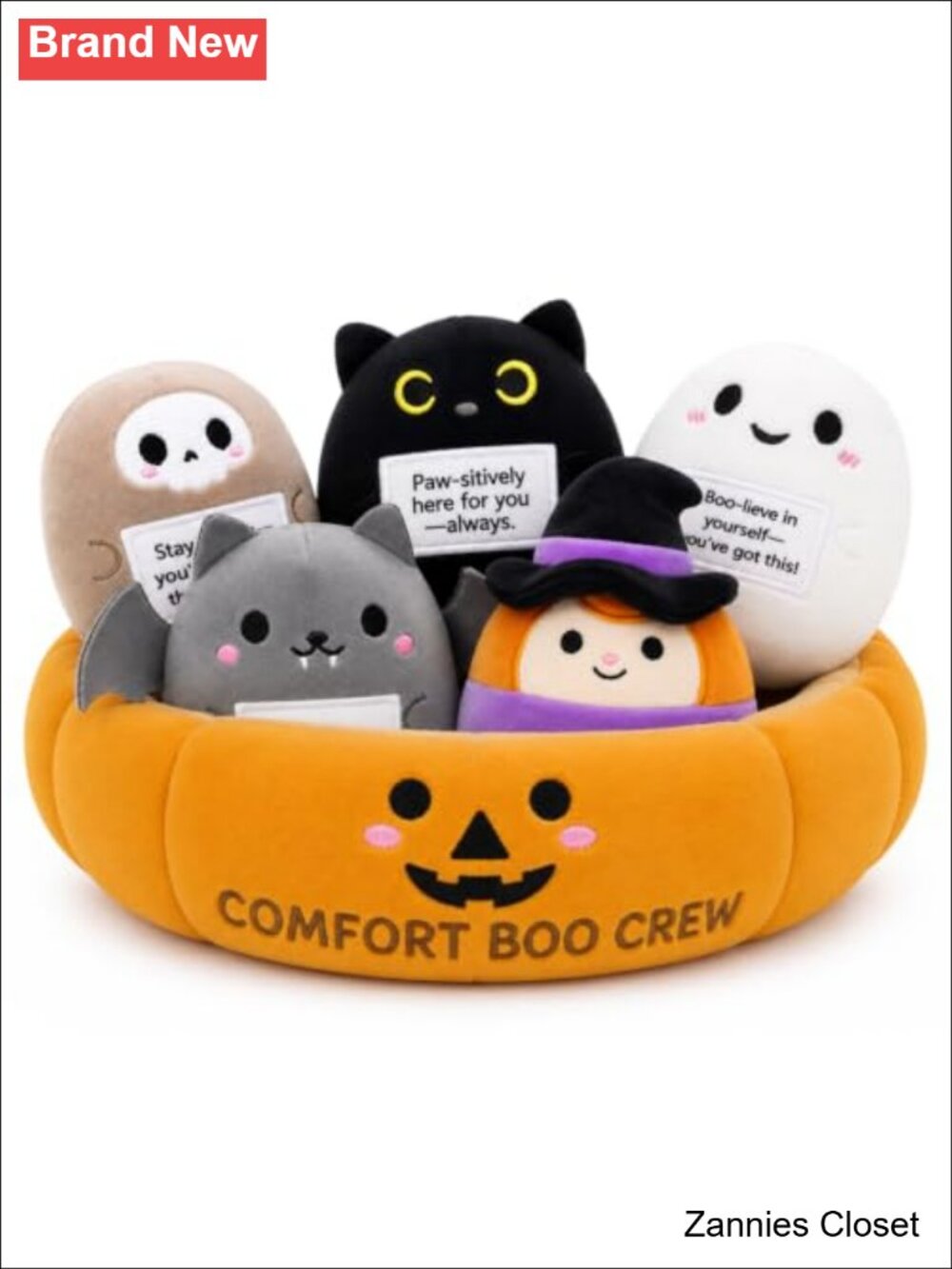 👻 Halloween Plush Set 5pc Witch Black Cat Ghost Skeleton Bat Pumpkin Basket
